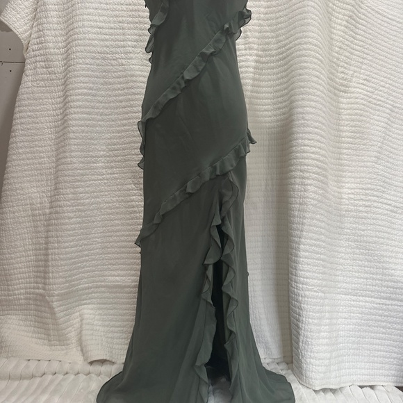 Birdy Grey Olive Green Chiffon Valentina Dress V Neck Maxi Bridesmaid MSRP $125 - Picture 3 of 5